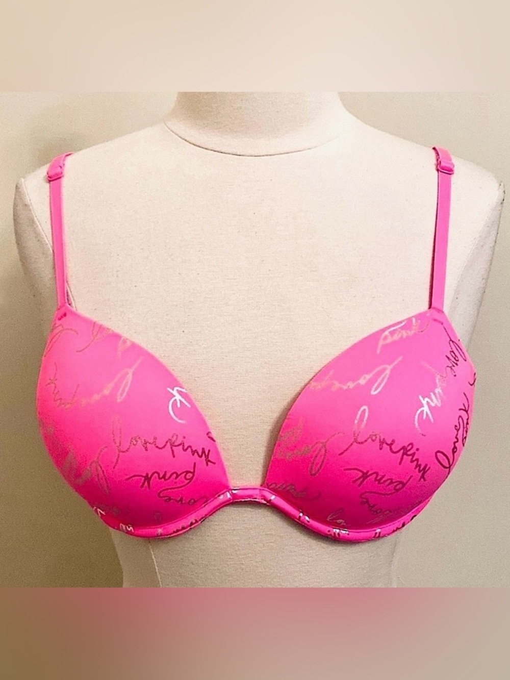 Pink Victoria’s Secret Super Push Up Hot Pink Silver Logo Underwire Bra Size 36B